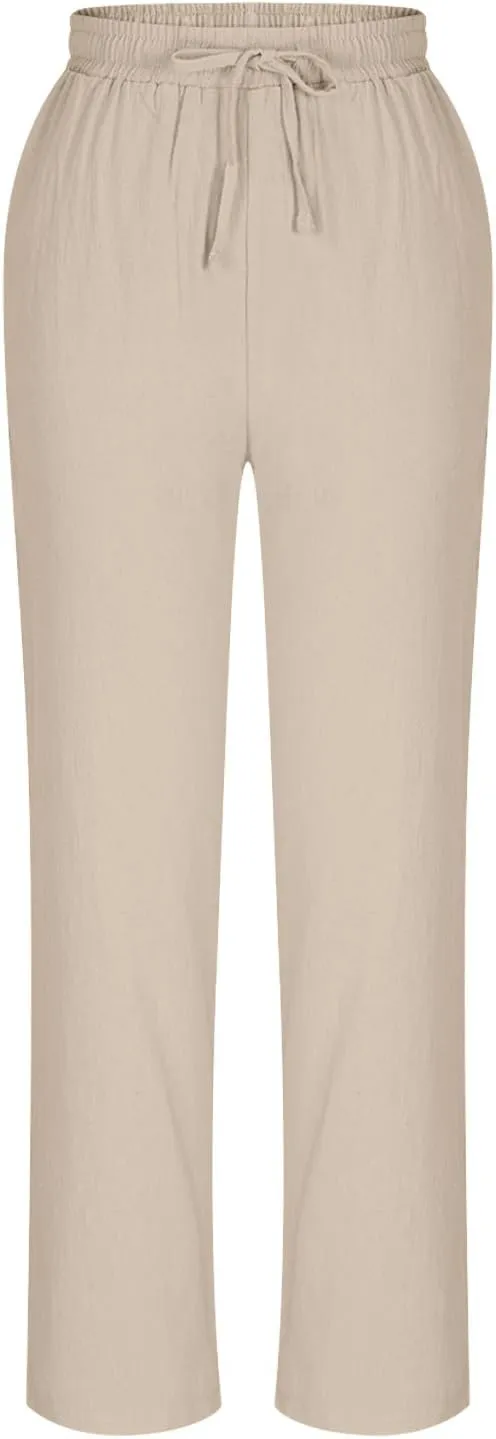 Linen Straight Leg Pants for Women Elastic Waist Ankle Length Pants Summer Casual Beach Trousers with Pockets 2025