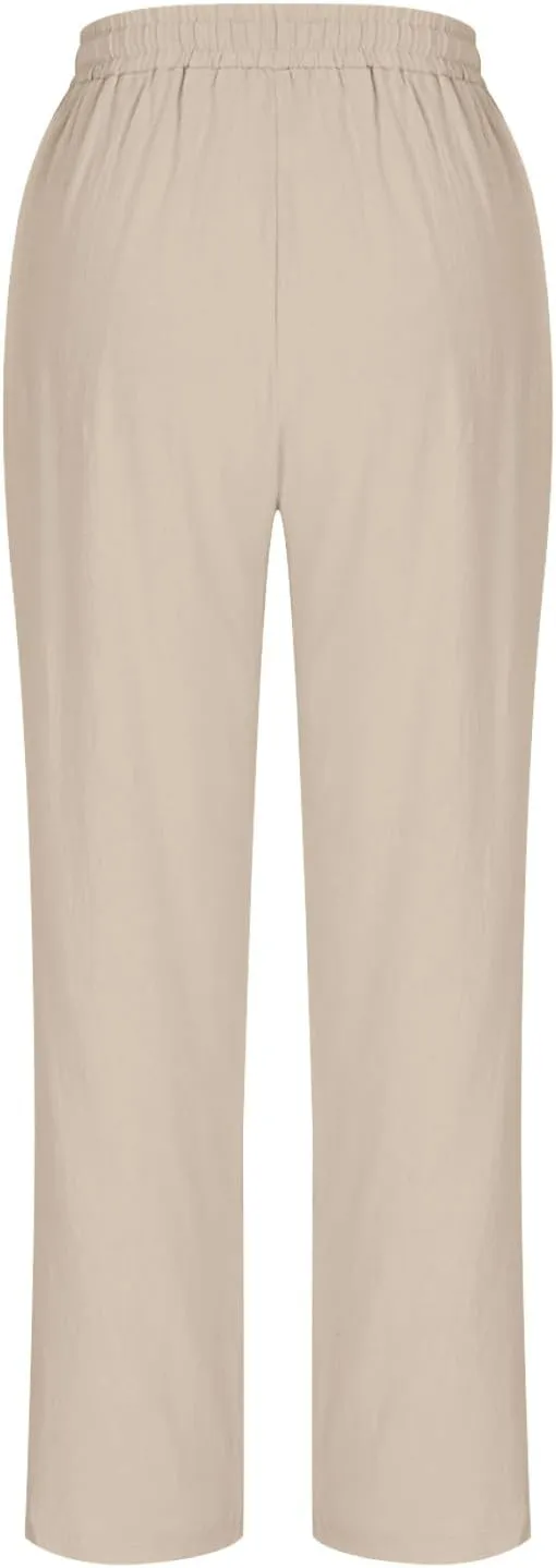 Linen Straight Leg Pants for Women Elastic Waist Ankle Length Pants Summer Casual Beach Trousers with Pockets 2025