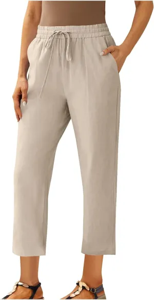 Linen Straight Leg Pants for Women Elastic Waist Ankle Length Pants Summer Casual Beach Trousers with Pockets 2025