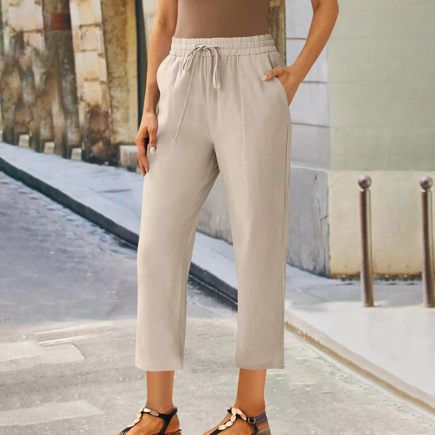 Linen Straight Leg Pants for Women Elastic Waist Ankle Length Pants Summer Casual Beach Trousers with Pockets 2025