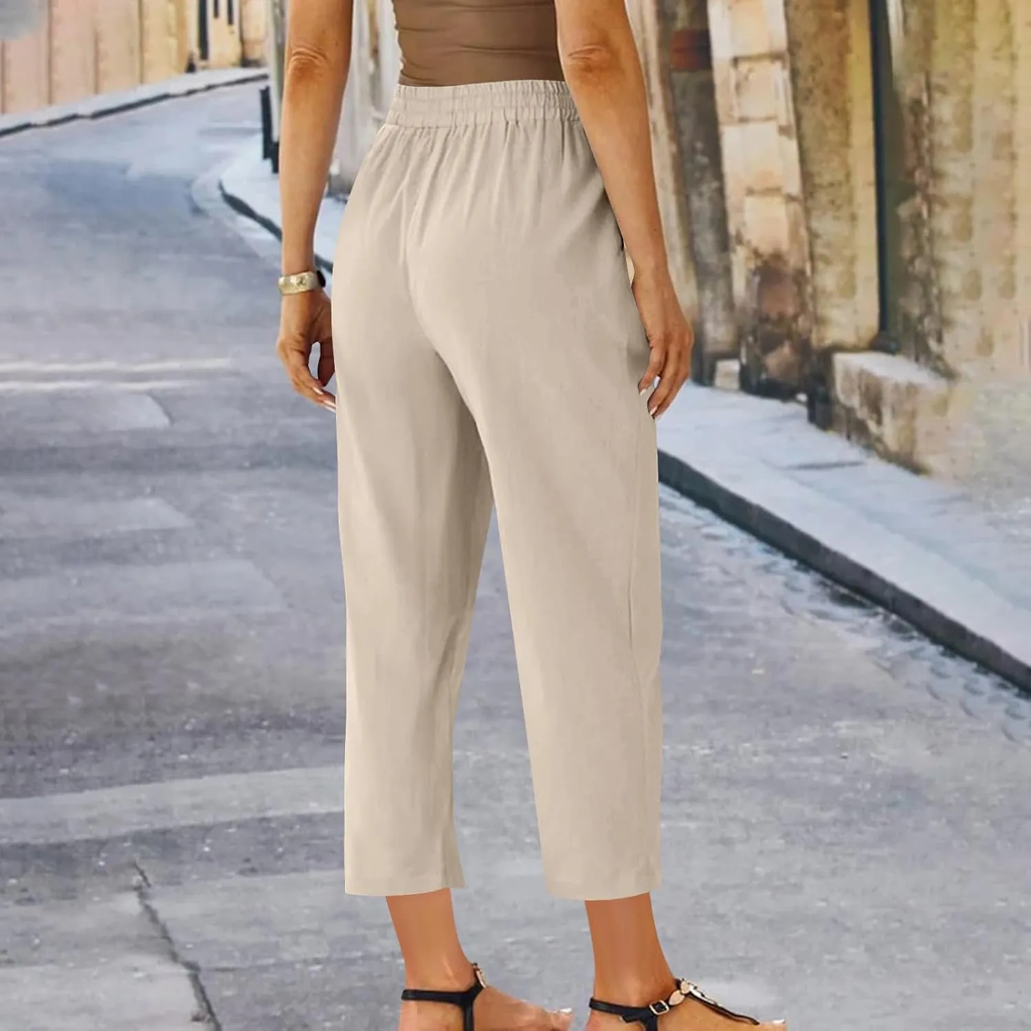 Linen Straight Leg Pants for Women Elastic Waist Ankle Length Pants Summer Casual Beach Trousers with Pockets 2025