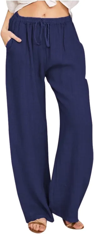 Linen Wide Leg Pants for Women Casual Elastic Waisted Palazzo Stretchy Summer Beach Travel Vacation Lounge Trousers