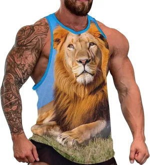 Lion Male Men's Activewear Tank Tops Gym Sleeveless Muscle T Shirts Workout Tees Vest