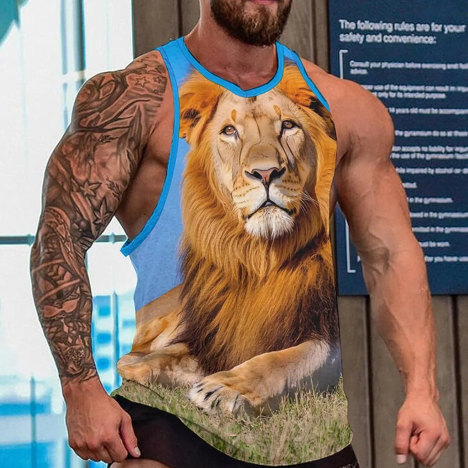 Lion Male Men's Activewear Tank Tops Gym Sleeveless Muscle T Shirts Workout Tees Vest