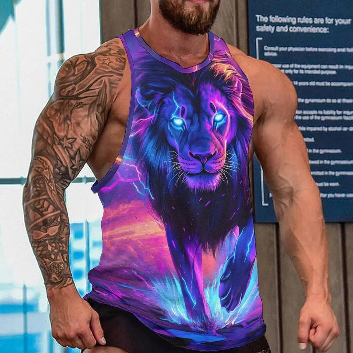 Lion Thunder Colorful Men's Activewear Tank Tops Gym Sleeveless Muscle T Shirts Workout Tees Vest