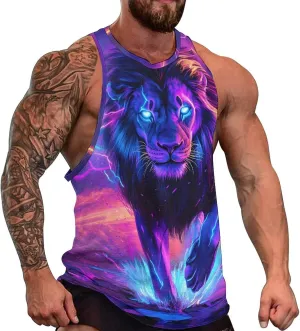 Lion Thunder Colorful Men's Activewear Tank Tops Gym Sleeveless Muscle T Shirts Workout Tees Vest