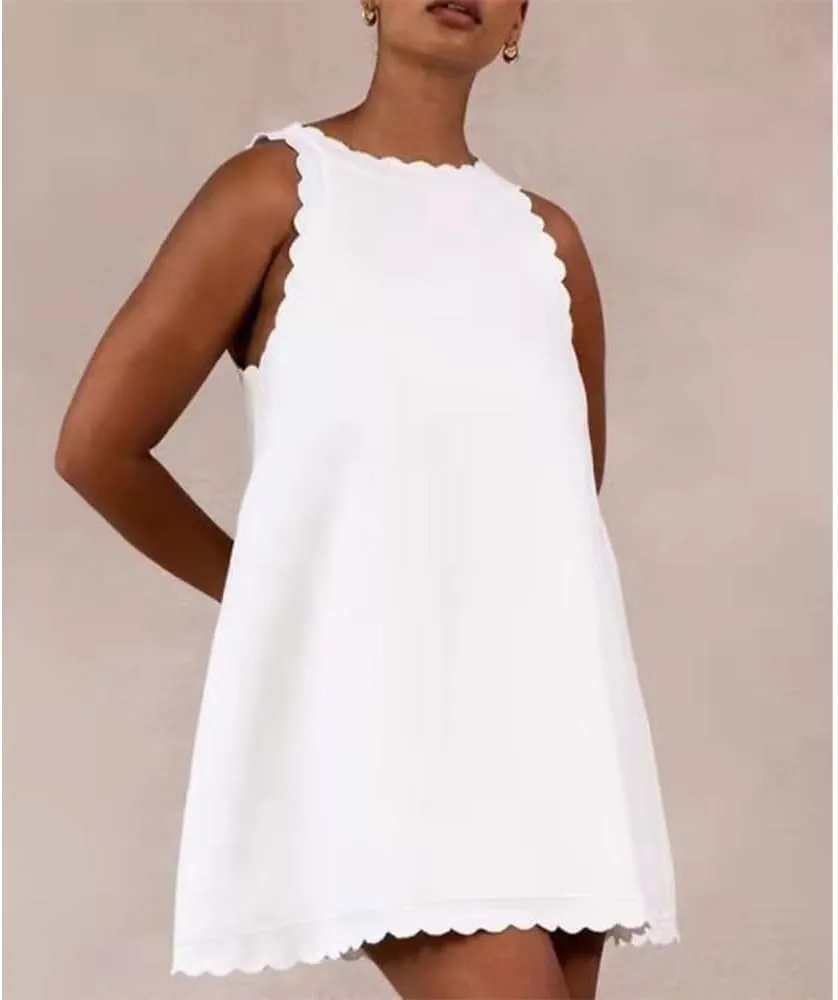 LOAIHA Linen Tank Tops for Women Summer Mini Sundress Loose Fit Sleeveless Tunic Tops Plus Size Stylish Lace Hem Tunic Dress