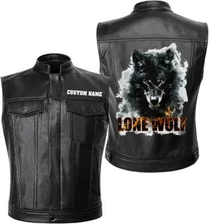 Lone Wolf, Vintage Wolf Biker Motorcycle Jacket, Personalized Men PU Leather Vest Coat Jackets