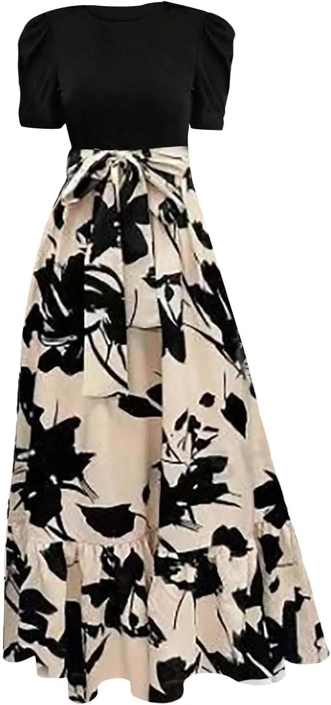 Long Boho Floral Dresses for Women Sumemr Elegant Tie Belted Patchwork Short Sleeve Modest Dresses Flowy Maxi Skirts
