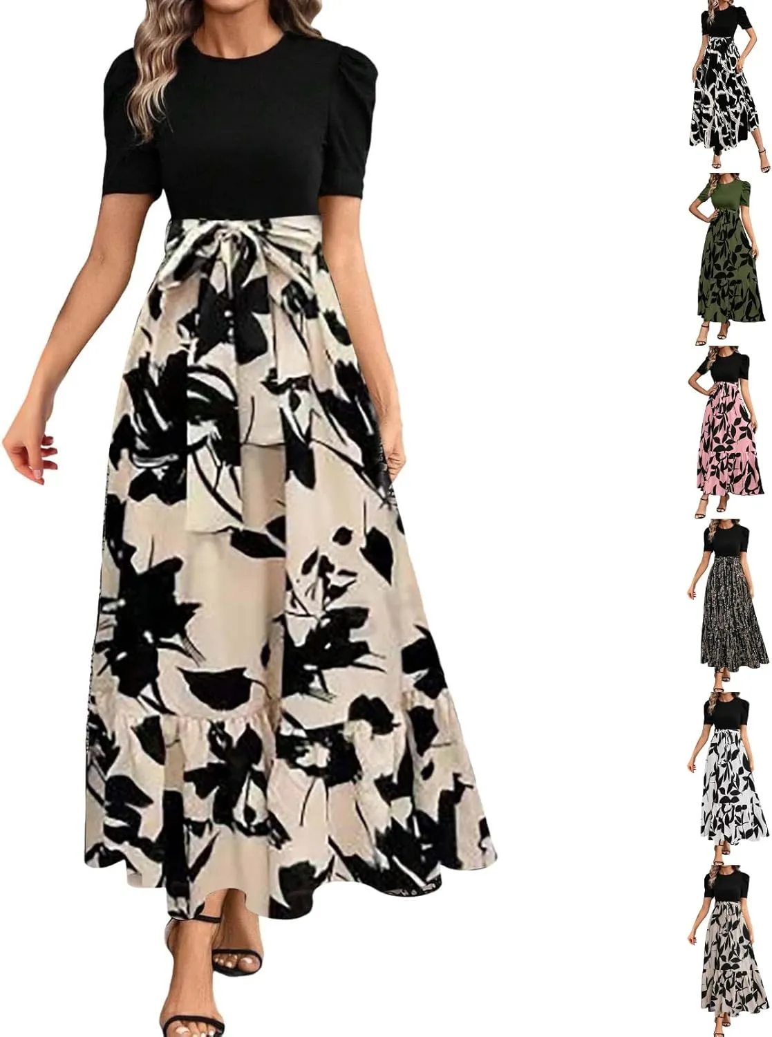 Long Boho Floral Dresses for Women Sumemr Elegant Tie Belted Patchwork Short Sleeve Modest Dresses Flowy Maxi Skirts