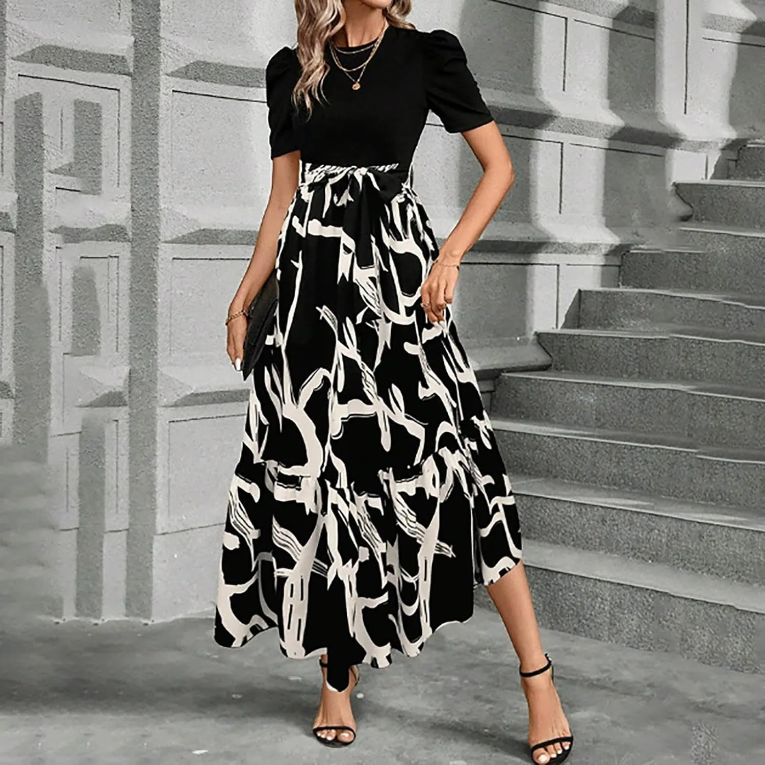 Long Boho Floral Dresses for Women Sumemr Elegant Tie Belted Patchwork Short Sleeve Modest Dresses Flowy Maxi Skirts