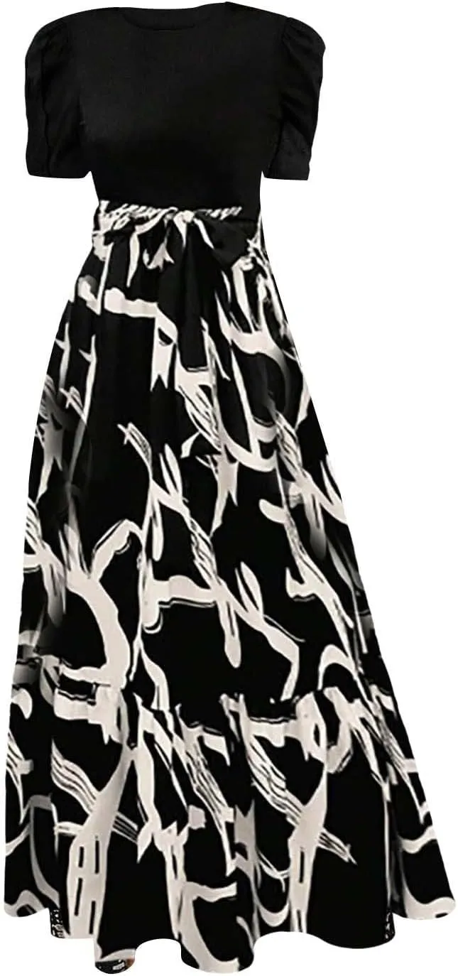 Long Boho Floral Dresses for Women Sumemr Elegant Tie Belted Patchwork Short Sleeve Modest Dresses Flowy Maxi Skirts
