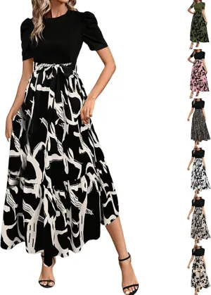 Long Boho Floral Dresses for Women Sumemr Elegant Tie Belted Patchwork Short Sleeve Modest Dresses Flowy Maxi Skirts
