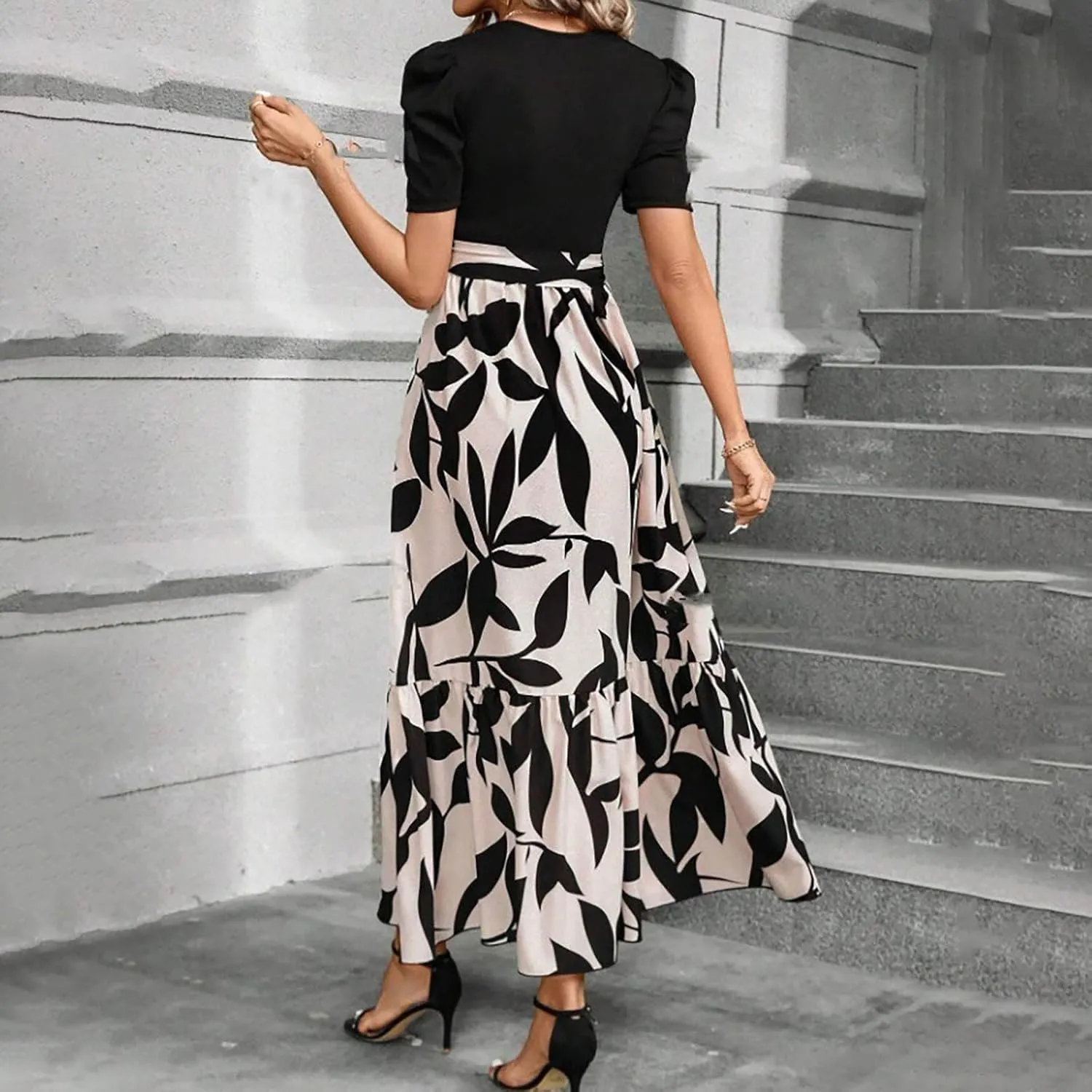 Long Boho Floral Dresses for Women Sumemr Elegant Tie Belted Patchwork Short Sleeve Modest Dresses Flowy Maxi Skirts
