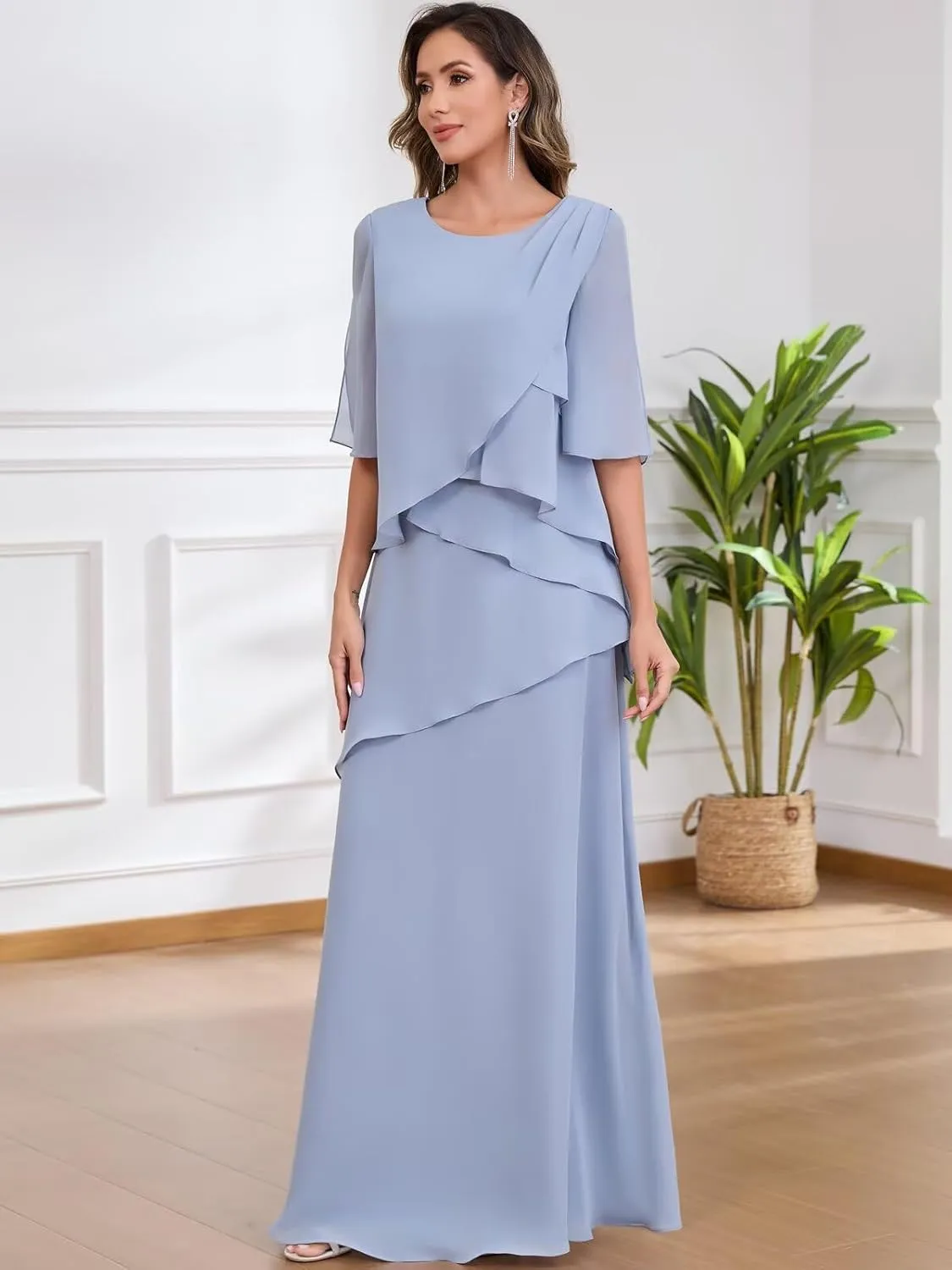 Long Mother of The Bride Dresses for Women A Line Chiffon Formal Evening Dress with Sleeves