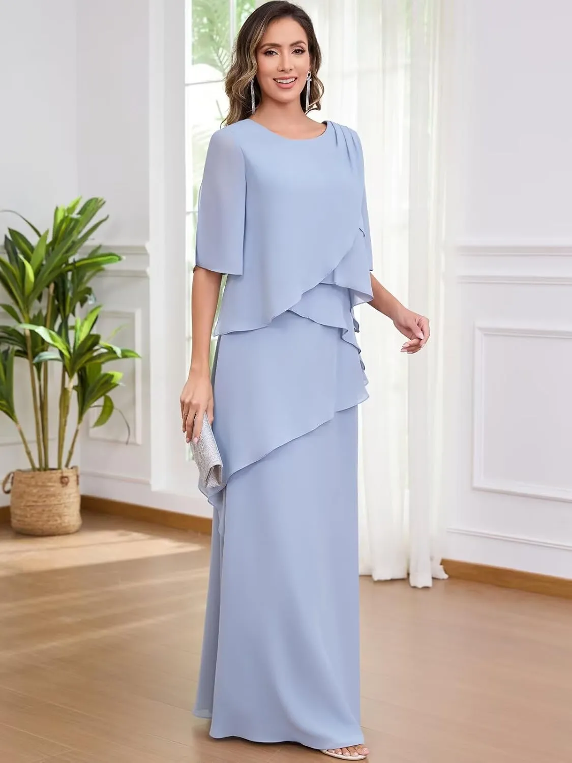 Long Mother of The Bride Dresses for Women A Line Chiffon Formal Evening Dress with Sleeves
