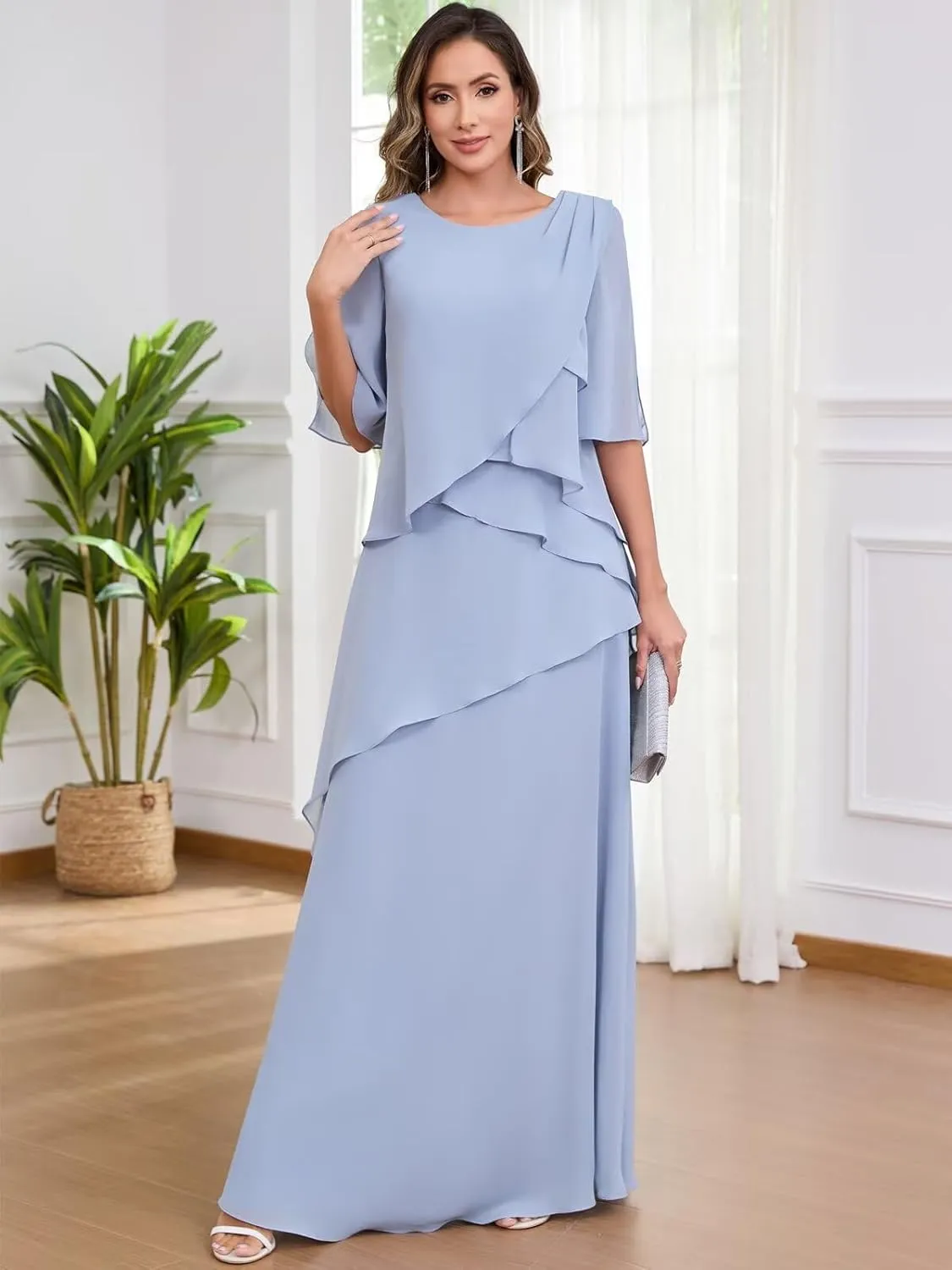 Long Mother of The Bride Dresses for Women A Line Chiffon Formal Evening Dress with Sleeves