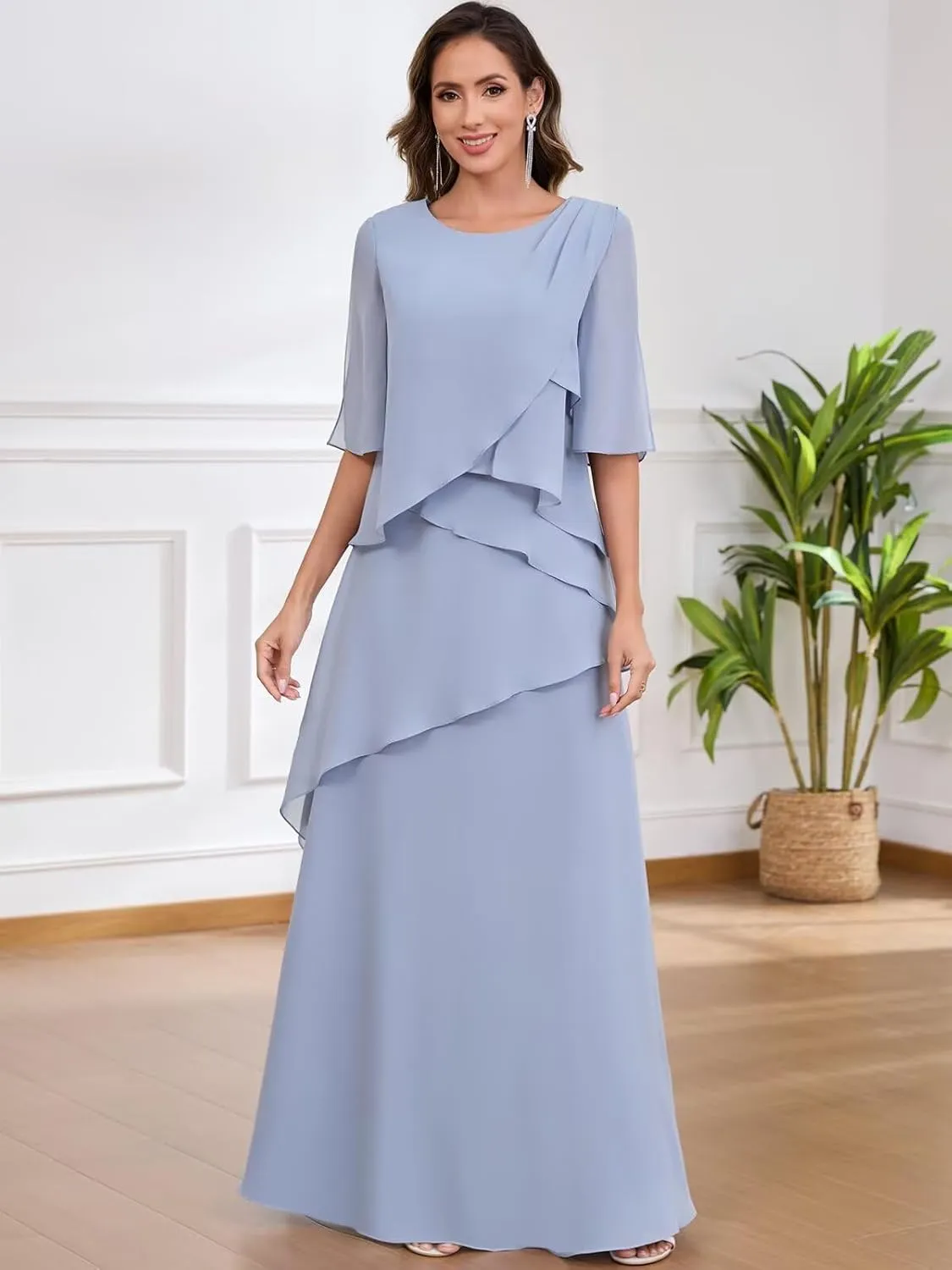 Long Mother of The Bride Dresses for Women A Line Chiffon Formal Evening Dress with Sleeves