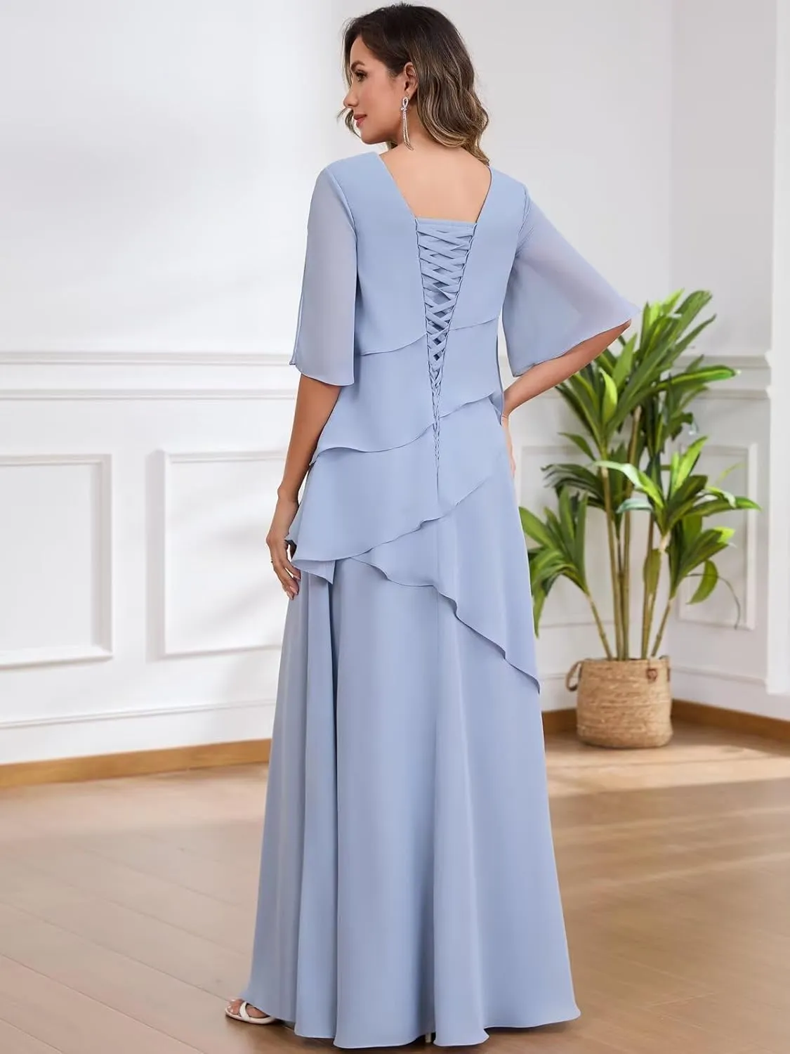 Long Mother of The Bride Dresses for Women A Line Chiffon Formal Evening Dress with Sleeves