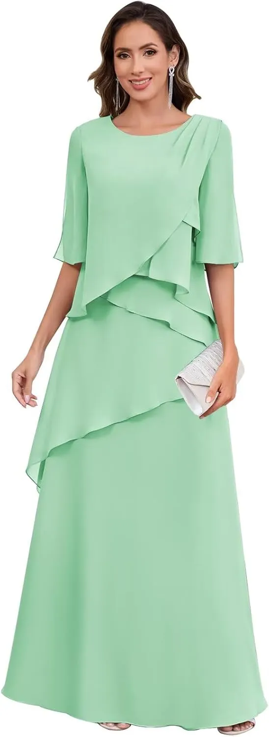 Long Mother of The Bride Dresses for Women A Line Chiffon Formal Evening Dress with Sleeves