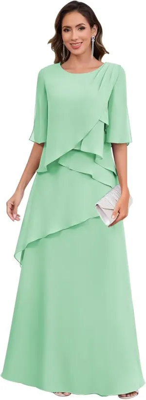 Long Mother of The Bride Dresses for Women A Line Chiffon Formal Evening Dress with Sleeves