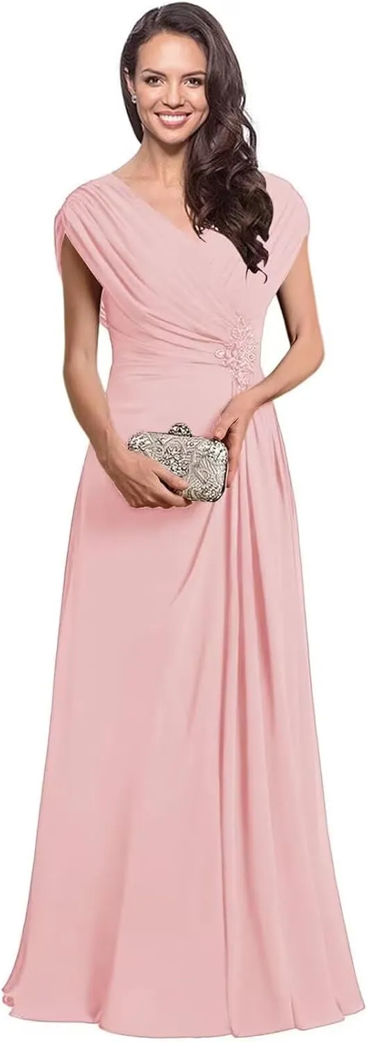 Long Mother of The Bride Dresses for Women Modest Ruched Formal Evening Gown Sequin V Neck Wedding Guest Dress