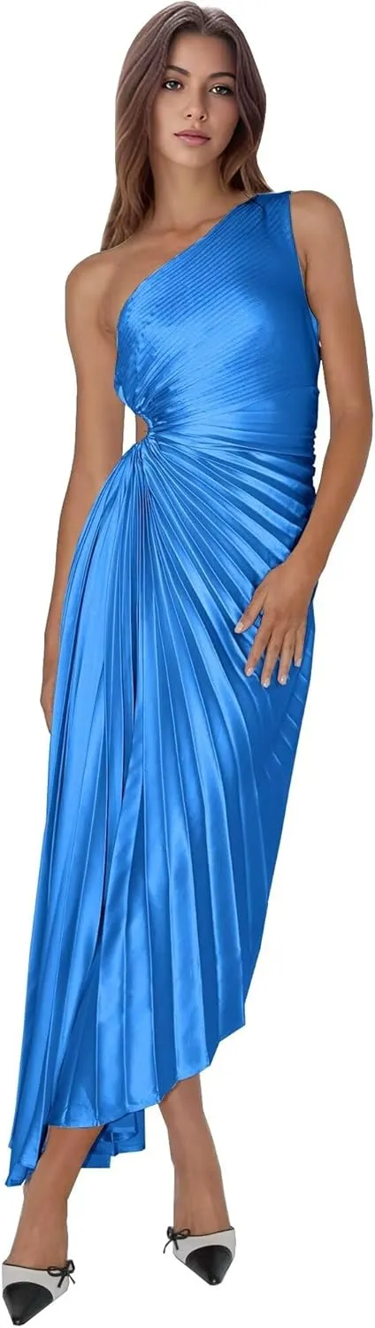 Long One Shoulder Prom Dresses for Teens Ruched Satin Pleated Formal Evening Dresses Sexy Cutout Party Gowns DR0640