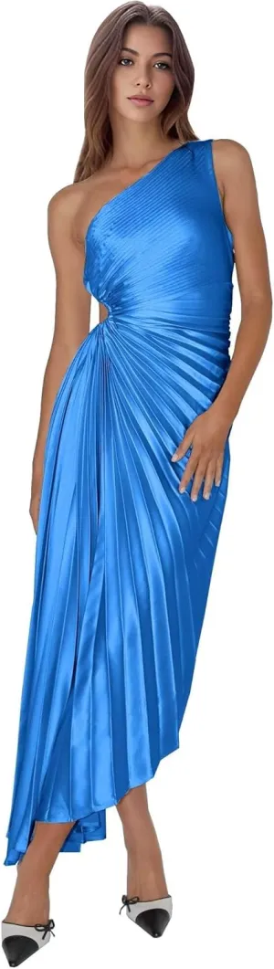 Long One Shoulder Prom Dresses for Teens Ruched Satin Pleated Formal Evening Dresses Sexy Cutout Party Gowns DR0640