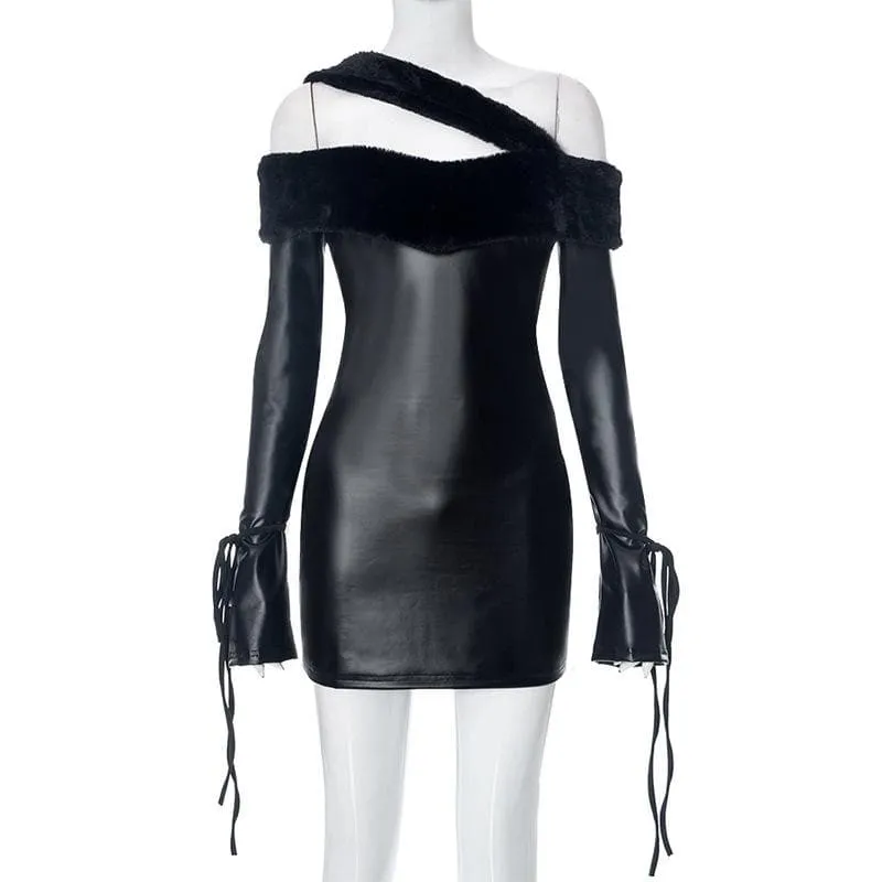 Long sleeve off shoulder PU leather furry solid mini dress