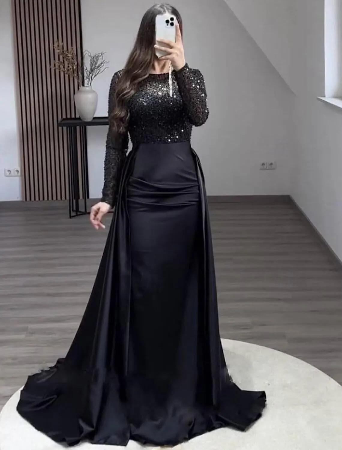 Long Sleeve Satin Prom Dresses for Women 2025 Mermaid Sequin Mock Neck Formal Evening Party Gown with Slit