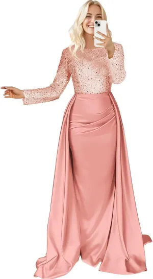 Long Sleeve Satin Prom Dresses for Women 2025 Mermaid Sequin Mock Neck Formal Evening Party Gown with Slit