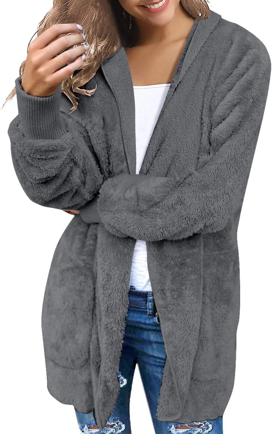 LookbookStore Womens Cardigan 2024 Winter Oversized Open Front Fleece Hooded Draped Pockets Jacket Coats