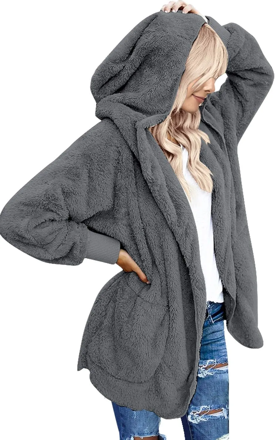 LookbookStore Womens Cardigan 2024 Winter Oversized Open Front Fleece Hooded Draped Pockets Jacket Coats