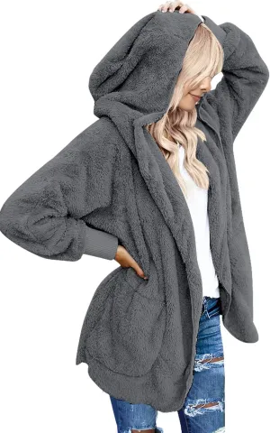 LookbookStore Womens Cardigan 2024 Winter Oversized Open Front Fleece Hooded Draped Pockets Jacket Coats