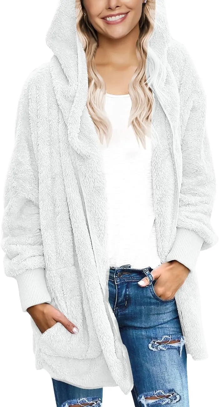 LookbookStore Womens Cardigan 2024 Winter Oversized Open Front Fleece Hooded Draped Pockets Jacket Coats