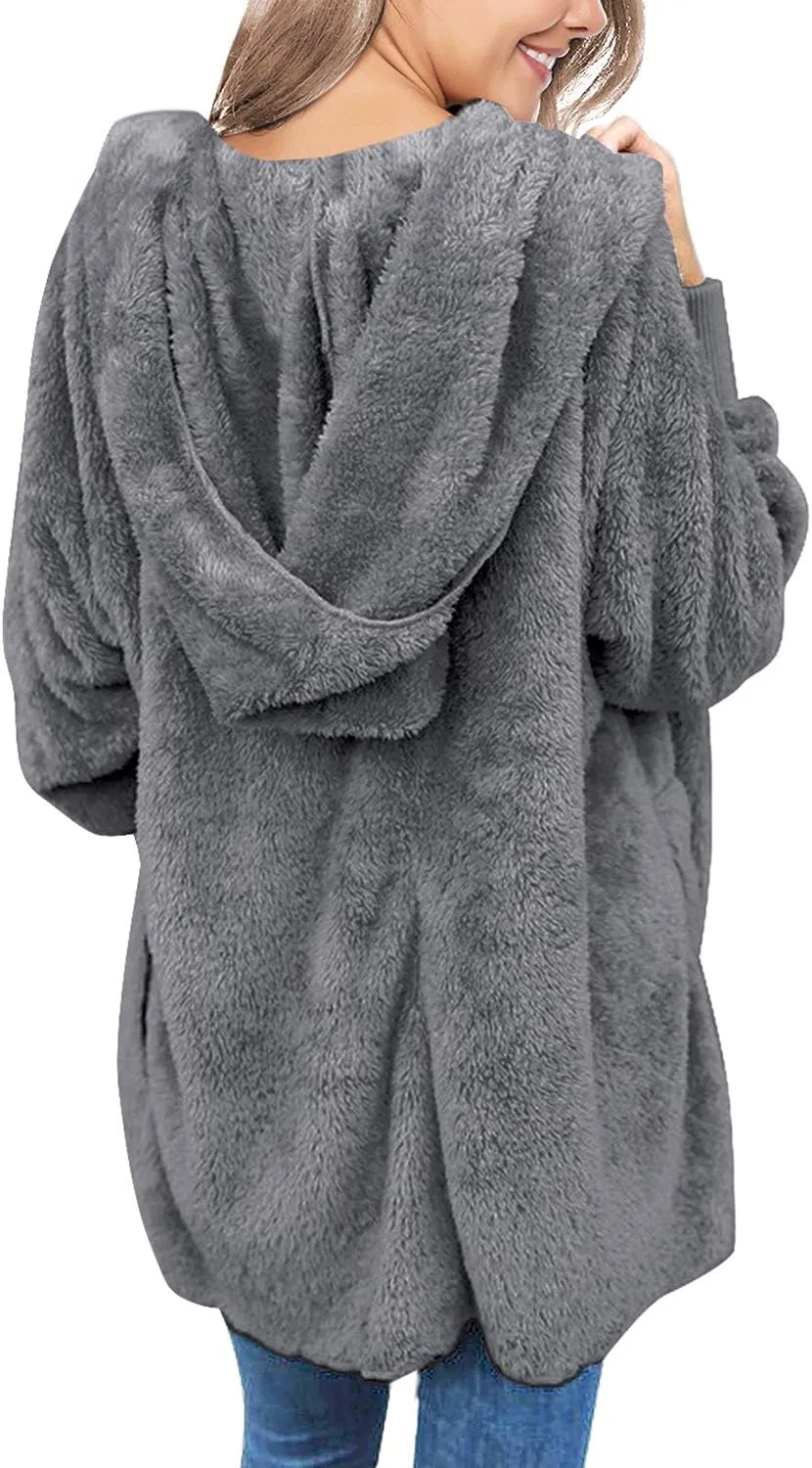 LookbookStore Womens Cardigan 2024 Winter Oversized Open Front Fleece Hooded Draped Pockets Jacket Coats