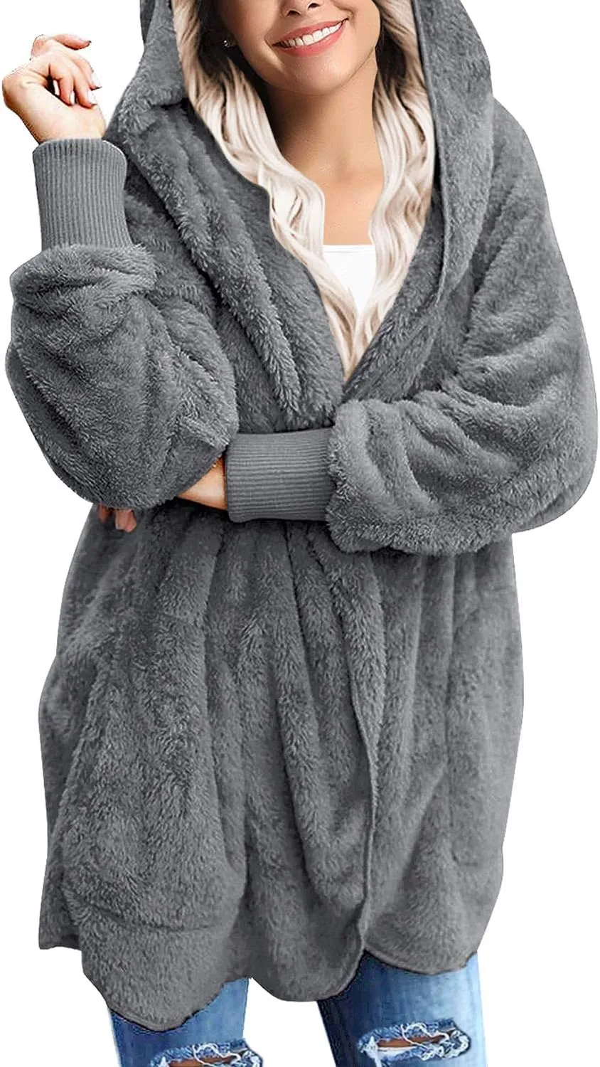 LookbookStore Womens Cardigan 2024 Winter Oversized Open Front Fleece Hooded Draped Pockets Jacket Coats