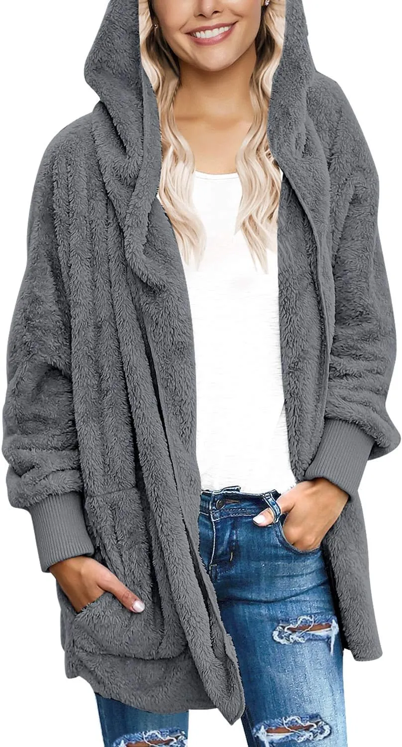 LookbookStore Womens Cardigan 2024 Winter Oversized Open Front Fleece Hooded Draped Pockets Jacket Coats