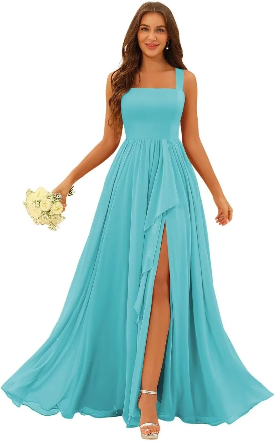 Loyeloy Women's Square Neck Bridesmaid Dresses with Slit 2025 Ruched Waist Chiffon Formal Evening Gowns