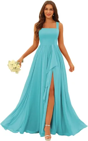 Loyeloy Women's Square Neck Bridesmaid Dresses with Slit 2025 Ruched Waist Chiffon Formal Evening Gowns