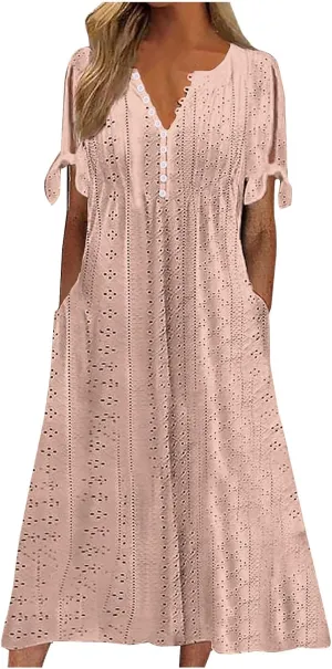 Maxi Dresses for Women 2025 Trendy Short Sleeve Eyelet Summer Dress V Neck Plus Size Casual Beach Vacation Sundress