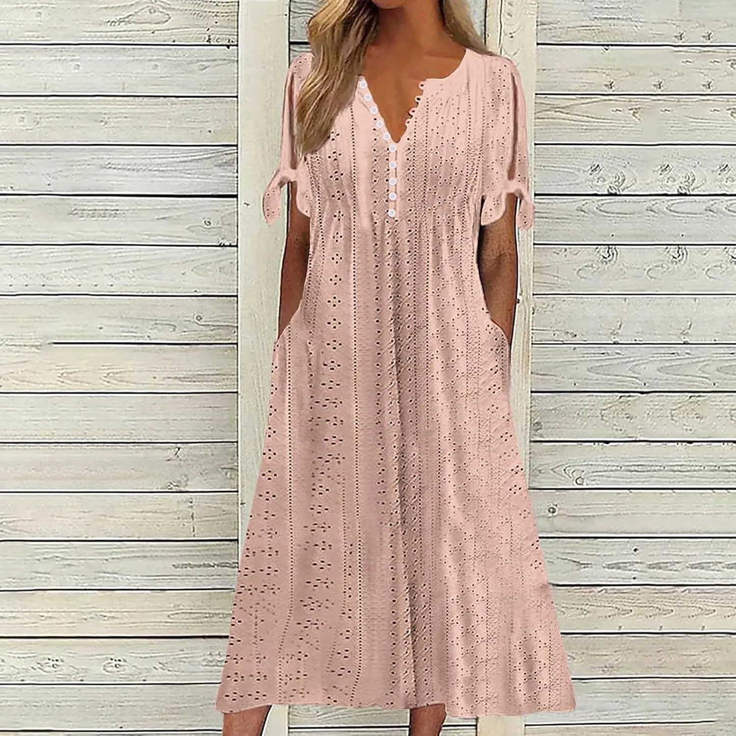 Maxi Dresses for Women 2025 Trendy Short Sleeve Eyelet Summer Dress V Neck Plus Size Casual Beach Vacation Sundress
