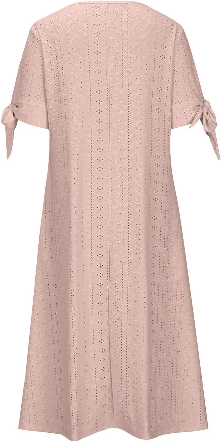 Maxi Dresses for Women 2025 Trendy Short Sleeve Eyelet Summer Dress V Neck Plus Size Casual Beach Vacation Sundress