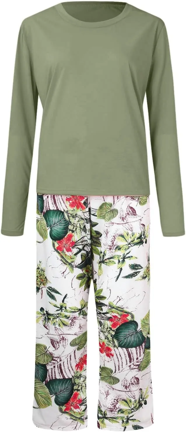 MBWTRP Women's Pajama Sets Plaid Checked Loungewear Set Long Sleeve Cotton Top and Pants Floral Printed Sleepwear for Ladies