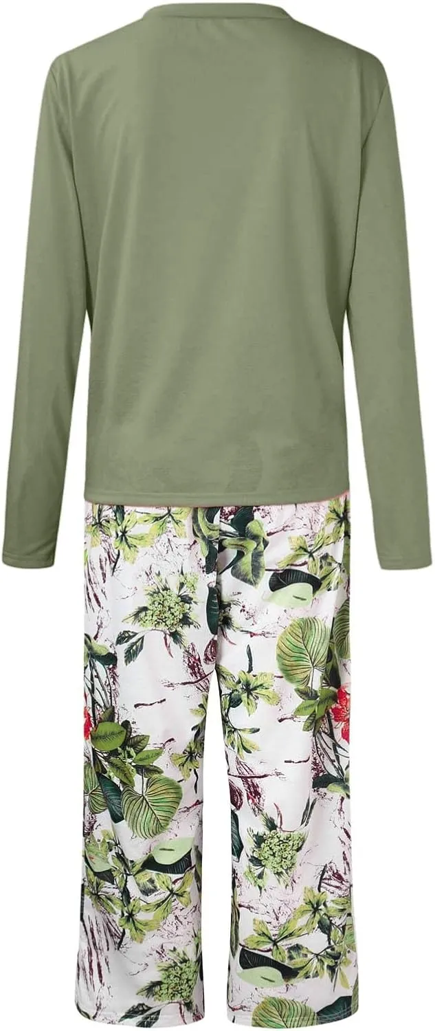 MBWTRP Women's Pajama Sets Plaid Checked Loungewear Set Long Sleeve Cotton Top and Pants Floral Printed Sleepwear for Ladies