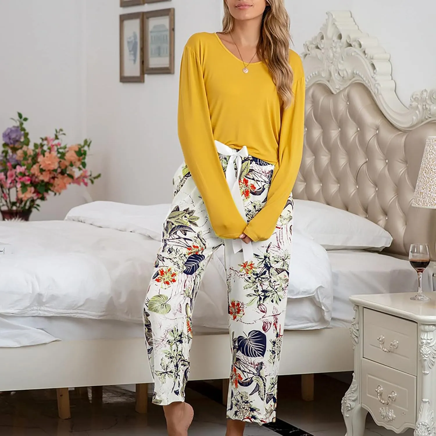MBWTRP Women's Pajama Sets Plaid Checked Loungewear Set Long Sleeve Cotton Top and Pants Floral Printed Sleepwear for Ladies