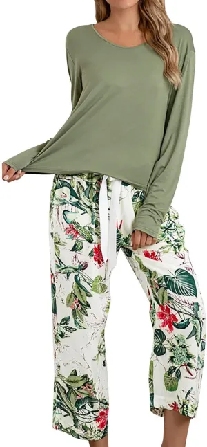 MBWTRP Women's Pajama Sets Plaid Checked Loungewear Set Long Sleeve Cotton Top and Pants Floral Printed Sleepwear for Ladies