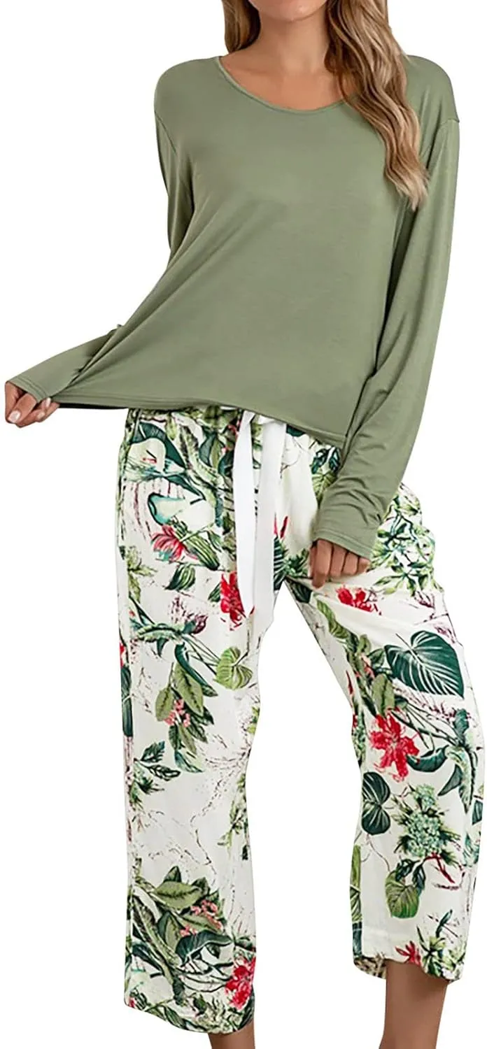 MBWTRP Women's Pajama Sets Plaid Checked Loungewear Set Long Sleeve Cotton Top and Pants Floral Printed Sleepwear for Ladies