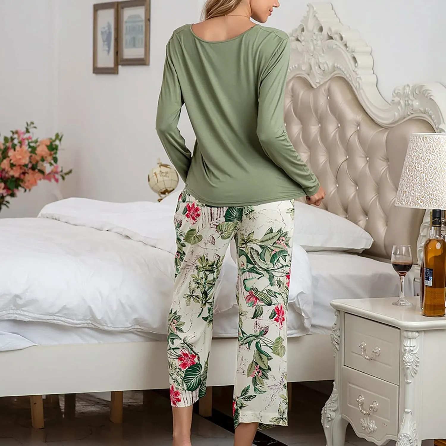 MBWTRP Women's Pajama Sets Plaid Checked Loungewear Set Long Sleeve Cotton Top and Pants Floral Printed Sleepwear for Ladies