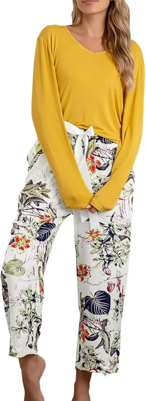 MBWTRP Women's Pajama Sets Plaid Checked Loungewear Set Long Sleeve Cotton Top and Pants Floral Printed Sleepwear for Ladies